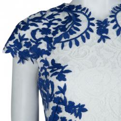 Tadashi Shoji White and Blue Embroidered Floral Lace Midi Dress M