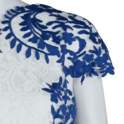 Tadashi Shoji White and Blue Embroidered Floral Lace Midi Dress M