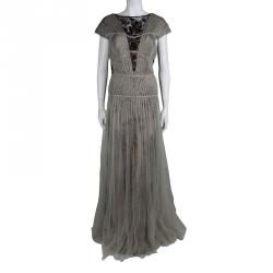 Pre Owned Tadashi Shoji Pleated Lace Grey Black Gown XXL