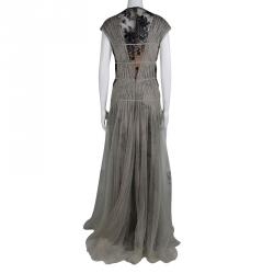 Pre Owned Tadashi Shoji Pleated Lace Grey Black Gown XXL