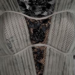 Pre Owned Tadashi Shoji Pleated Lace Grey Black Gown XXL