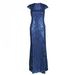 Pre Owned Tadashi Shoji Navy Blue Sequined Lace Square Neck Gown S
