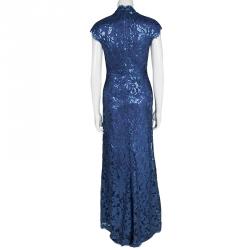 Pre Owned Tadashi Shoji Navy Blue Sequined Lace Square Neck Gown S