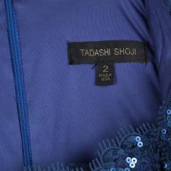Pre Owned Tadashi Shoji Navy Blue Sequined Lace Square Neck Gown S