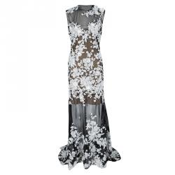 Pre Owned Tadashi Shoji NYFW'16 Monochrome Floral Applique Detail Embroidered Odori Gown L