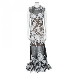 Pre Owned Tadashi Shoji NYFW'16 Monochrome Floral Applique Detail Embroidered Odori Gown L