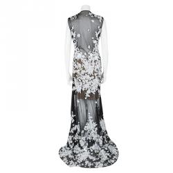 Pre Owned Tadashi Shoji NYFW'16 Monochrome Floral Applique Detail Embroidered Odori Gown L