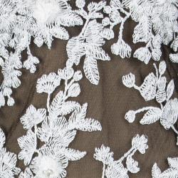 Pre Owned Tadashi Shoji NYFW'16 Monochrome Floral Applique Detail Embroidered Odori Gown L