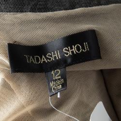 Pre Owned Tadashi Shoji NYFW'16 Monochrome Floral Applique Detail Embroidered Odori Gown L