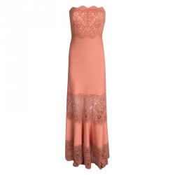 Tadashi Shoji Orange Lace and Pintuck Detail Strapless Gown XS