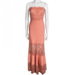 Tadashi Shoji Orange Lace and Pintuck Detail Strapless Gown XS