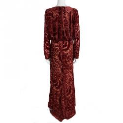 Tadashi Shoji Red Devore Velvet Long Sleeve Gown M