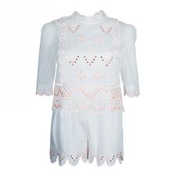 Temperley London White Mirrorwork and Cutwork Embroidered Scallop Detail Hika Top and Shorts Set M