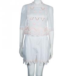 Temperley London White Mirrorwork and Cutwork Embroidered Scallop Detail Hika Top and Shorts Set M