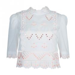 Temperley London White Mirrorwork and Cutwork Embroidered Scallop Detail Hika Top and Shorts Set M