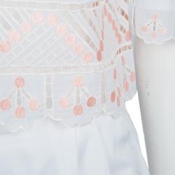 Temperley London White Mirrorwork and Cutwork Embroidered Scallop Detail Hika Top and Shorts Set M
