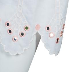 Temperley London White Mirrorwork and Cutwork Embroidered Scallop Detail Hika Top and Shorts Set M