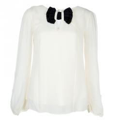 Temperley London Cream Contrast Bow Detail Long Sleeve Silk Blouse M