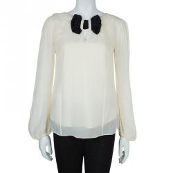 Temperley London Cream Contrast Bow Detail Long Sleeve Silk Blouse M