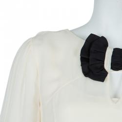 Temperley London Cream Contrast Bow Detail Long Sleeve Silk Blouse M
