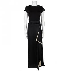 Pre Owned Temperley London Black Satin Contrast Lined Ruffle Slit Detail Maxi Skirt L