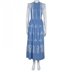 Pre Owned Temperley Blue and White Embroidered Scallop Detail Maxi Dress S