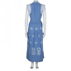 Pre Owned Temperley Blue and White Embroidered Scallop Detail Maxi Dress S