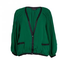 Pre Owned Thakoon Green Contrast Piping Detail Cardigan Style Long Sleeve Silk Blouse M