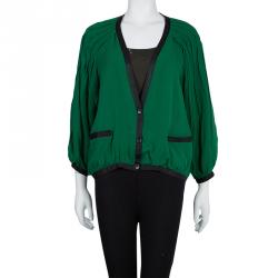 مملوكة مسبقًا Thakoon Green Contrast Piping Detail Cardigan Style Long Sleeve Silk Blouse M