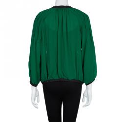 مملوكة مسبقًا Thakoon Green Contrast Piping Detail Cardigan Style Long Sleeve Silk Blouse M