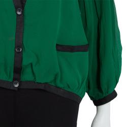 مملوكة مسبقًا Thakoon Green Contrast Piping Detail Cardigan Style Long Sleeve Silk Blouse M