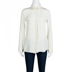 The Row Cream Silk Leather Trim Long Sleeve Button Front Shirt S