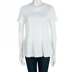 The Row White Jersey Ruffle Bottom Short Sleeve Top L