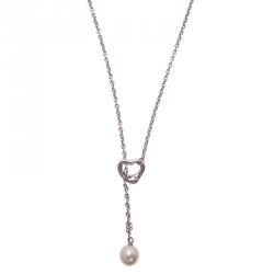 Pre Owned Tiffany & Co. Elsa Peretti Open Heart Lariat Pearl Sterling Silver Necklace