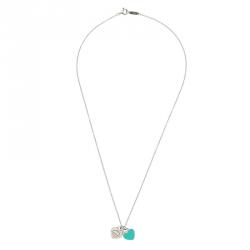 Pre Owned Tiffany & Co. Return to Tiffany Mini Double Heart Tag Pendants Enamel and Silver Chain Necklace