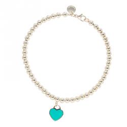 Pre Owned Tiffany & Co. Return to Tiffany Enamel Heart Tag Silver Beads Bracelet 19cm