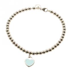 Pre Owned Tiffany & Co. Return to Tiffany Enamel Heart Tag Silver Beads Bracelet 19cm