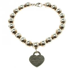 Pre Owned Tiffany & Co. Return To Tiffany Heart Tag Silver Bead Bracelet 18cm