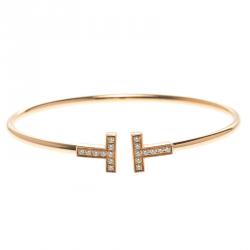 Pre Owned Tiffany & Co. 18k Rose Gold & Diamonds T Wire Bracelet 16cm
