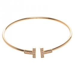 Pre Owned Tiffany & Co. 18k Rose Gold & Diamonds T Wire Bracelet 16cm