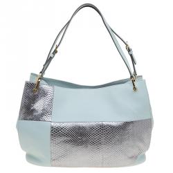 Tod's Silver/Light Blue Python and Leather Horse Block Media Tote