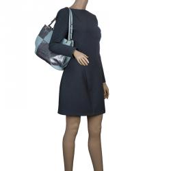 Tod's Silver/Light Blue Python and Leather Horse Block Media Tote
