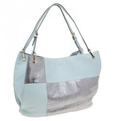 Tod's Silver/Light Blue Python and Leather Horse Block Media Tote