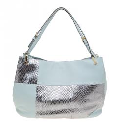 Tod's Silver/Light Blue Python and Leather Horse Block Media Tote