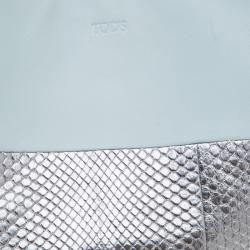 Tod's Silver/Light Blue Python and Leather Horse Block Media Tote