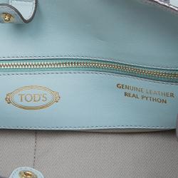 Tod's Silver/Light Blue Python and Leather Horse Block Media Tote