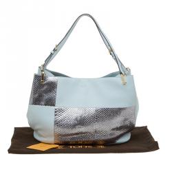 Tod's Silver/Light Blue Python and Leather Horse Block Media Tote