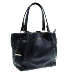 Pre Owned Tod's Navy Blue Leather Shopping Zip Tote