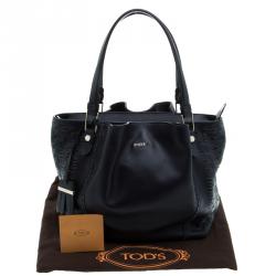 Pre Owned Tod's Navy Blue Leather Shopping Zip Tote