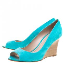 مملوكة مسبقًا Tod's Turquoise Blue Suede Peep Toe Wedge Pumps Size 40